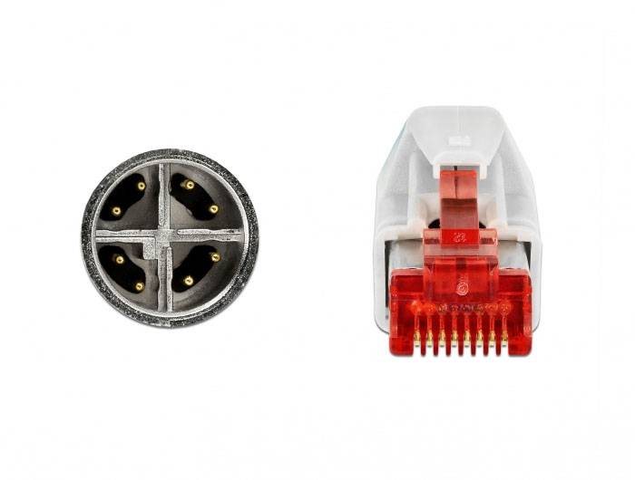 Zwei Steckverbinder: links ein runder Stecker mit vier Kontakten, rechts ein rechteckiger Stecker mit roten und durchsichtigen Elementen.