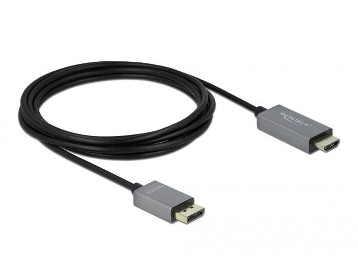 Schwarzes DisplayPort-auf-HDMI-Kabel, ca. 2 Meter lang, mit silbernen Steckern. Verwendet zum Anschluss von Geräten mit unterschiedlichen Anschlüssen.