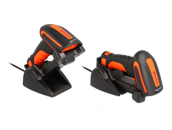 Delock 90556 2D Barcode-Scanner Bluetooth®, Kabelgebunden 1D, 2D LED Schwarz, Orange Hand-Scanner inkl. Standfuß
