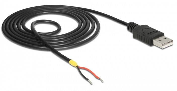 Ein USB-Kabel mit freiliegenden roten und schwarzen Drähten am Ende, die von einer gelben Isolierung geschützt sind.