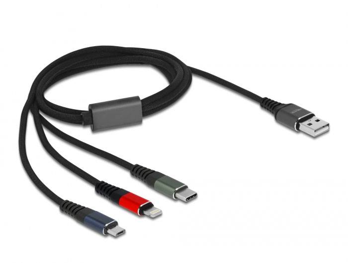 Multifunktions-Ladekabel mit USB-Anschluss und drei verschiedenen Ladesteckern: Micro-USB, Lightning und USB-C, schwarz.