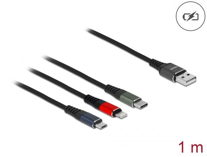 Ladekabel mit vier verschiedenen Steckern: Mikro-USB, Lightning, USB-C in rot und grün. Länge: 1 Meter. Energieanzeige-Symbol.