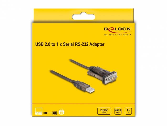Gelbe Produktverpackung für einen 'USB 2.0 auf 1 x Seriell RS-232 Adapter' von Delock, abgebildet mit USB- und RS-232-Steckern.