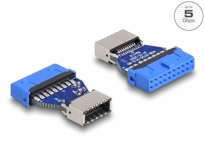 Zwei Adapter für IT-Verbindungen, blau und metallisch, nebeneinander auf weißem Hintergrund. Text zeigt Geschwindigkeit bis zu 5 Gbps.