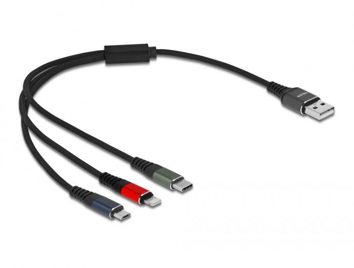 USB-Ladekabel mit vier verschiedenen Anschlüssen: USB-C, Lightning, Micro-USB und Mini-USB.