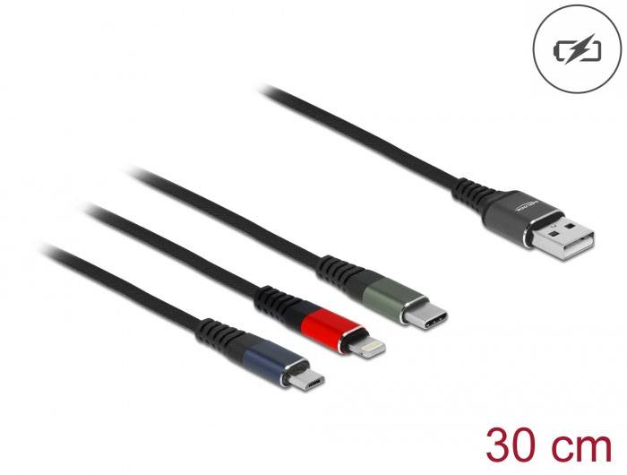 USB-Kabel mit vier unterschiedlichen Anschlüssen (Micro-USB, USB-C, Lightning, und USB-A) auf weißem Hintergrund. Länge: 30 cm.