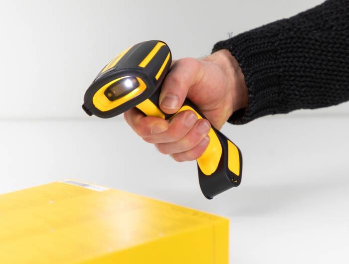 Delock 90586 2D Barcode-Scanner Bluetooth® 2D, 1D LED Schwarz, Gelb Hand-Scanner inkl. Standfuß