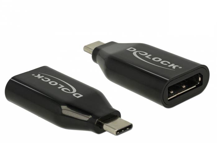 Zwei schwarze Adapter mit 'Delock'-Logo, einer mit USB-C-Stecker, der andere mit USB-A-Buchse, auf weißem Hintergrund.