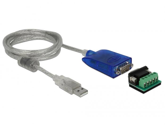 USB-zu-RS232-Adapterkabel mit transparentem Stecker und blauem Gehäuse neben grünem Terminalblock, passend für serielle Verbindungen.