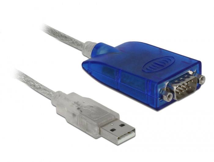 Blaues USB-zu-Seriell-Adapterkabel mit VGA-Anschluss, auf weißem Hintergrund.