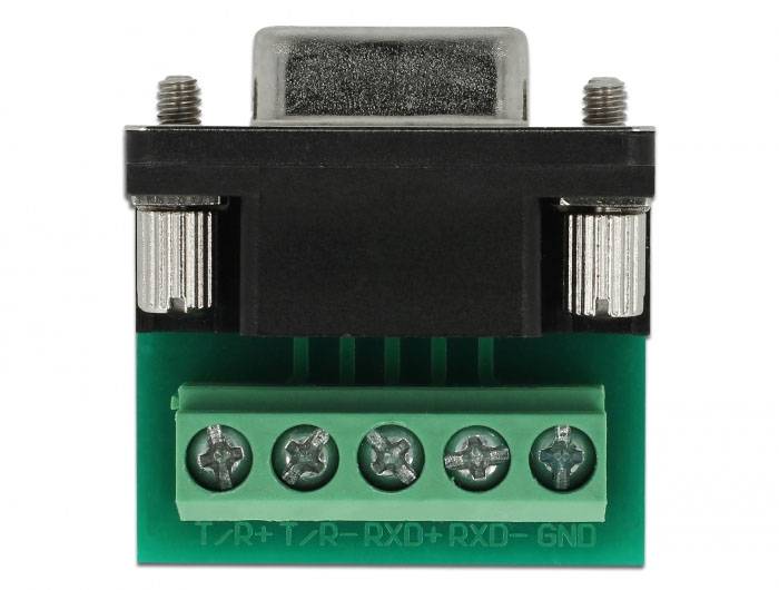 Ein grüner Terminalblock-Adapter mit schwarzem Gehäuse und fünf Schraubanschlüssen, für serielle Verbindungen geeignet.