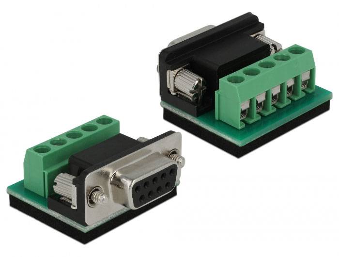 'DSUB 9 female auf Schraubklemmen Adapter' zeigt einen Adapter mit einer DSUB 9-Buchse und grünen Schraubklemmenblöcken für Verkabelungszwecke.