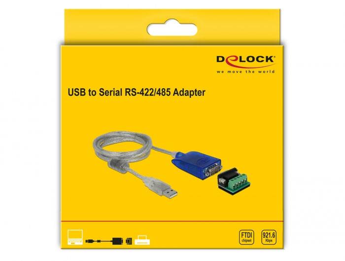 Verpackung eines USB-zu-Seriell RS-422/485 Adapters von Delock mit Bild des Adapters und Kabels. Produktname und Logo sind sichtbar.