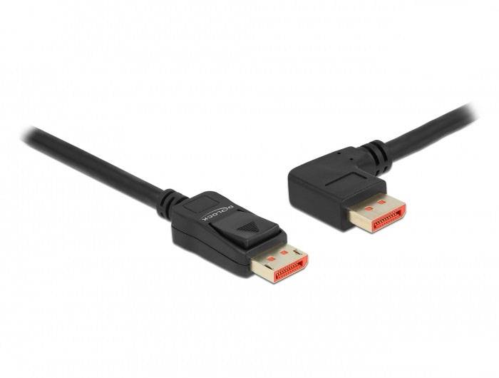 Zwei schwarze DisplayPort-Kabel mit rechtwinkligen Steckern, vor weißem Hintergrund, bereit für den Anschluss an Geräte.