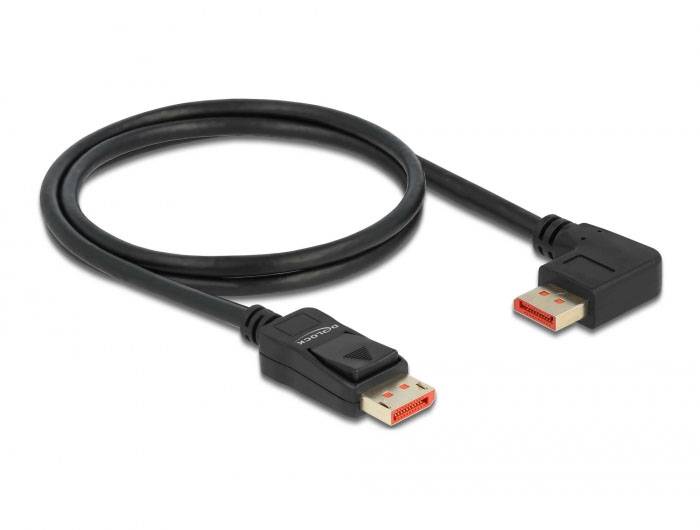DisplayPort-Kabel in Schwarz, mit einem geraden und einem abgewinkelten Stecker, zur Verbindung von Computer und Monitor.