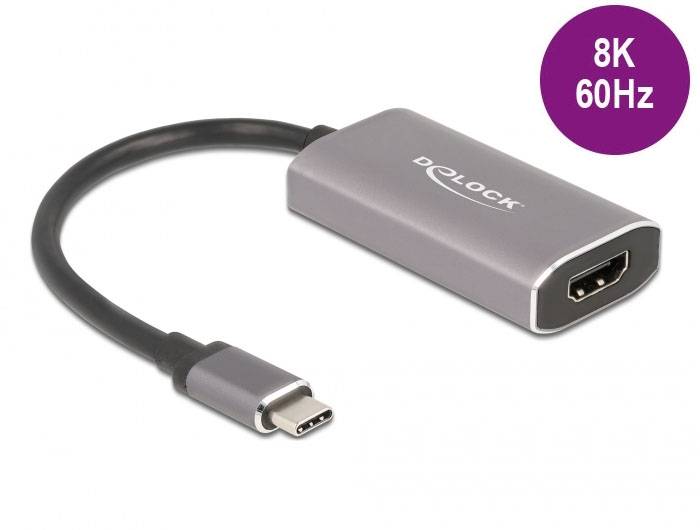 'Delock' USB-C-zu-HDMI-Adapter in Grau, unterstützt 8K bei 60Hz, mit einem HDMI-Anschluss und einem USB-C-Stecker, geeignet für hochauflösende Videoübertragung.