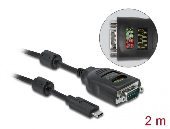 USB-C auf RS-232 Serial Adapter-Kabel, 2 m lang, mit LED-Statusanzeige. Zeigt Verbindungen mit DCD, DSR, RXD, und weiteren an.