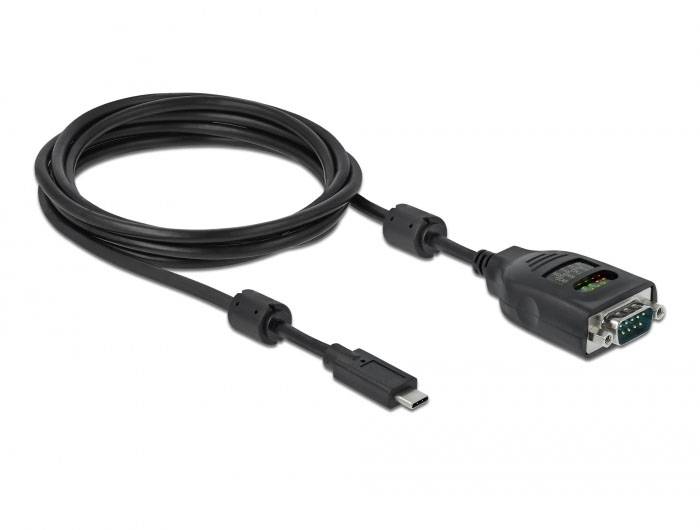 USB-C-auf-RS232-Adapterkabel, schwarzes Kabel mit Stecker und Buchse, ermöglicht die Verbindung zwischen modernen Geräten und älteren Schnittstellen.