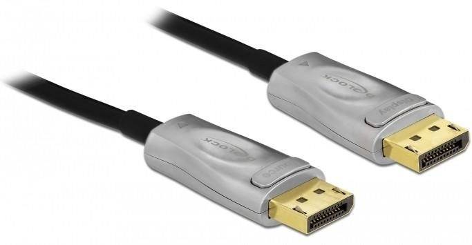 Zwei DisplayPort-Kabel mit silbernen Steckern und schwarzen Kabeln, die zur Übertragung von Video- und Audiosignalen verwendet werden.