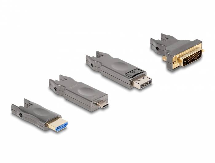 Vier verschiedene Adapterstecker: HDMI, USB, DisplayPort und DVI. Alle Stecker sind nebeneinander zur Ansicht angeordnet.