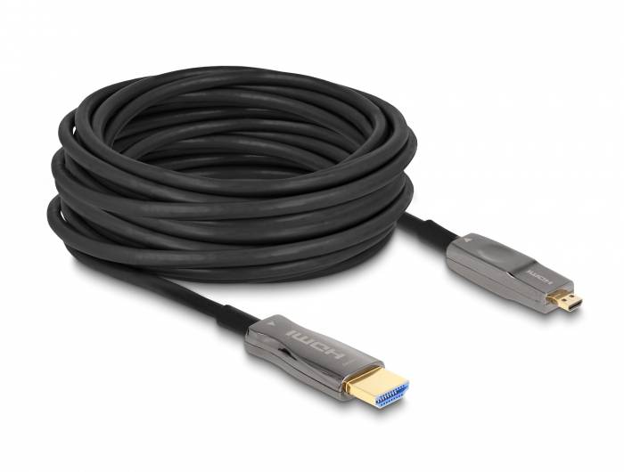 Schwarzes HDMI-Kabel mit goldenen Anschlüssen, aufgerollt. Geeignet für hochwertige Audio- und Videoübertragungen.