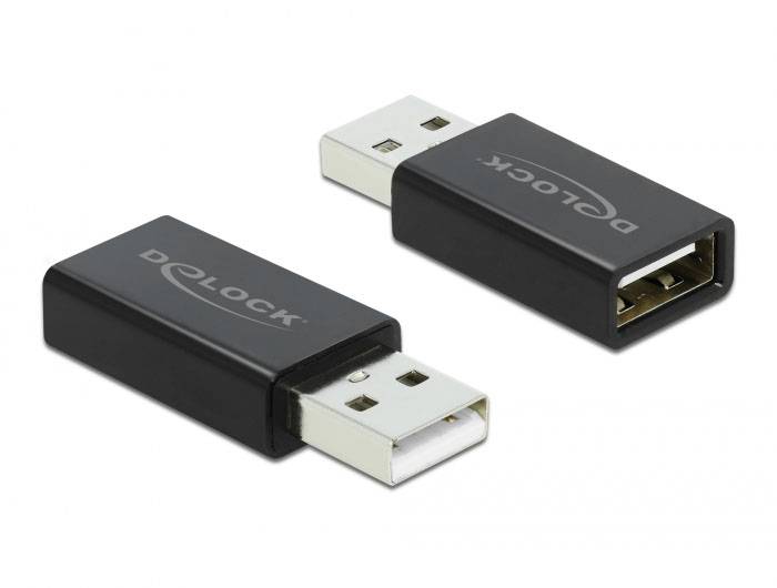 Zwei USB-Adapter der Marke Delock, einer mit USB-Stecker, der andere mit USB-Buchse, beide in schwarzem Gehäuse.