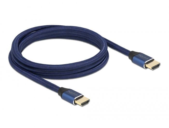 Ein blaues HDMI-Kabel mit goldenen Anschlüssen, aufgerollt dargestellt, geeignet für die Verbindung von Video- und Audiogeräten.