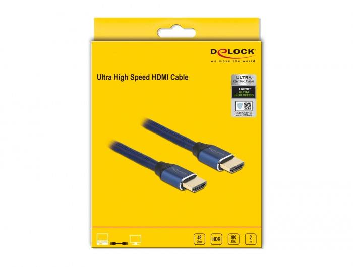 Gelbe Verpackung eines 'Ultra High Speed HDMI Cable' von Delock mit Abbildung von zwei HDMI-Steckern und HDR, 8K, 48 Gbps Symbolen.
