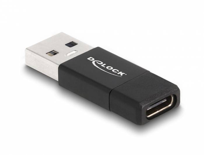 USB-Adapter mit silbernem Stecker und schwarzem Gehäuse der Marke Delock, geeignet für die Verbindung von USB- und USB-C-Anschlüssen.