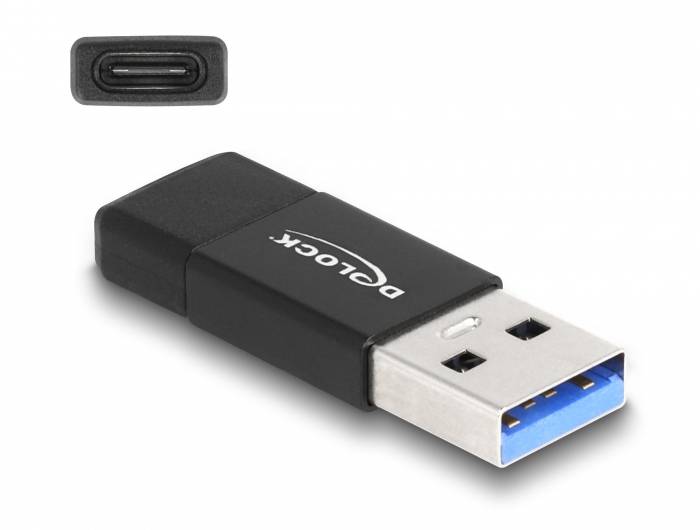 USB-Adapter von Delock mit USB-A-Stecker und USB-C-Buchse. Verwendet zum Verbinden von USB-C-Geräten mit USB-A-Ports.