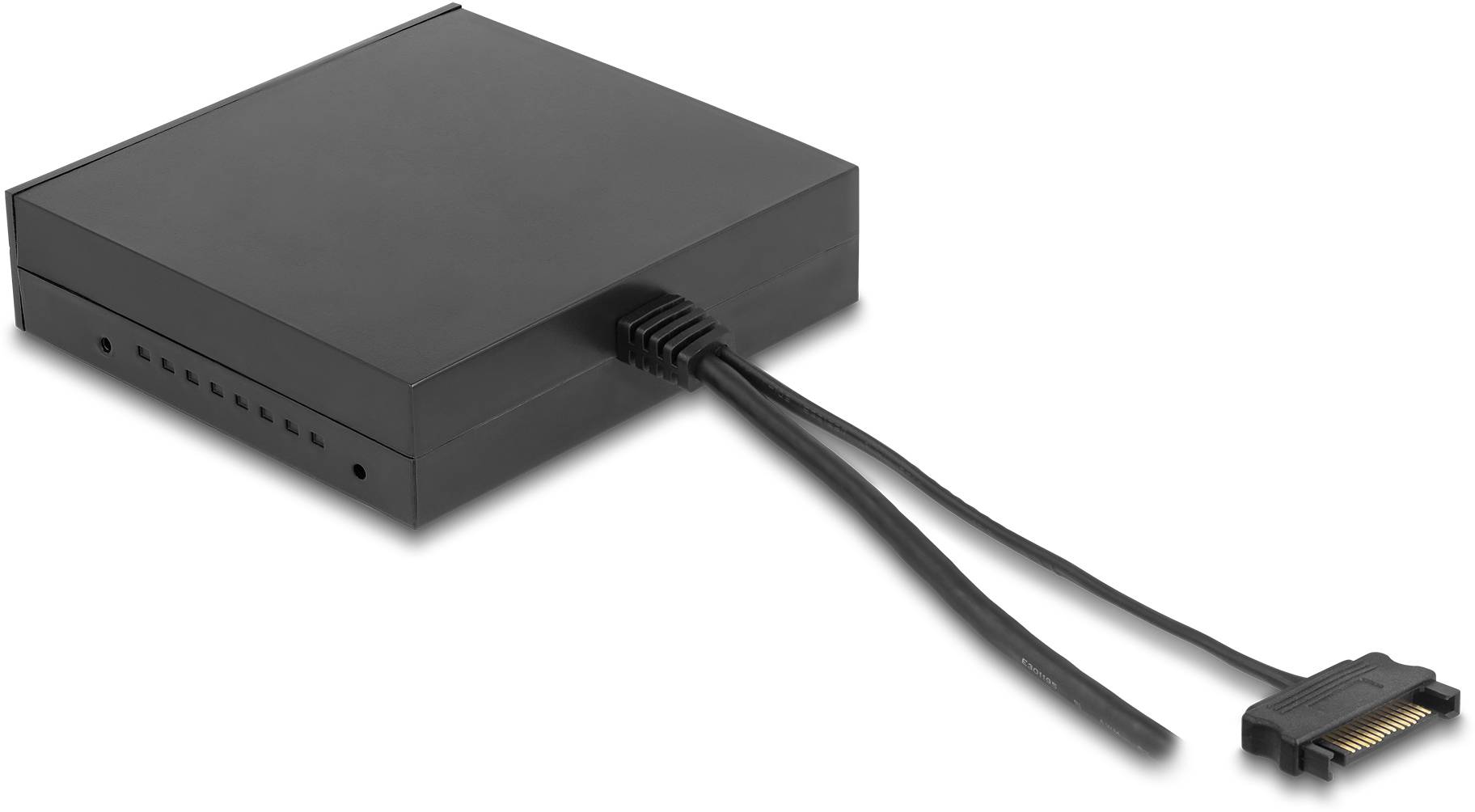 Externes Festplattengehäuse in Schwarz mit USB-Kabel und SATA-Anschluss.