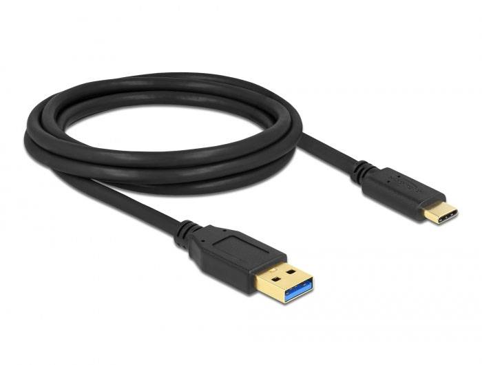 Ein schwarzes USB-Kabel mit einem USB-A-Stecker an einem Ende und einem USB-C-Stecker am anderen Ende.