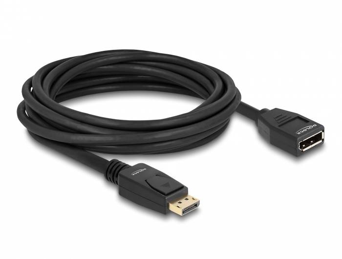 Ein schwarzes DisplayPort-Kabel, das zusammengerollt ist. Links ein Stecker, rechts eine Buchse für den Anschluss von Geräten.