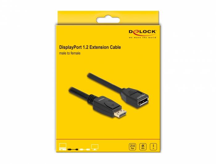 'DisplayPort 1.2 Extension Cable male to female' auf gelber Verpackung. Zeigt Stecker und Buchse, geeignet für 4K, HDMI und Audio.