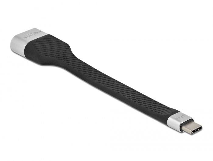 Ein schwarzes und silbernes USB-C-Stick mit einem flexiblen, kabelähnlichen Design. Markierte Enden für Anschluss und Griff.