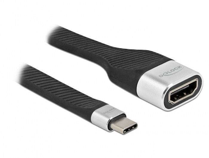 Ein schwarzes USB-C-auf-HDMI-Kabel von Delock, mit einem flachen Design. Links ist der USB-C-Stecker und rechts der HDMI-Anschluss.