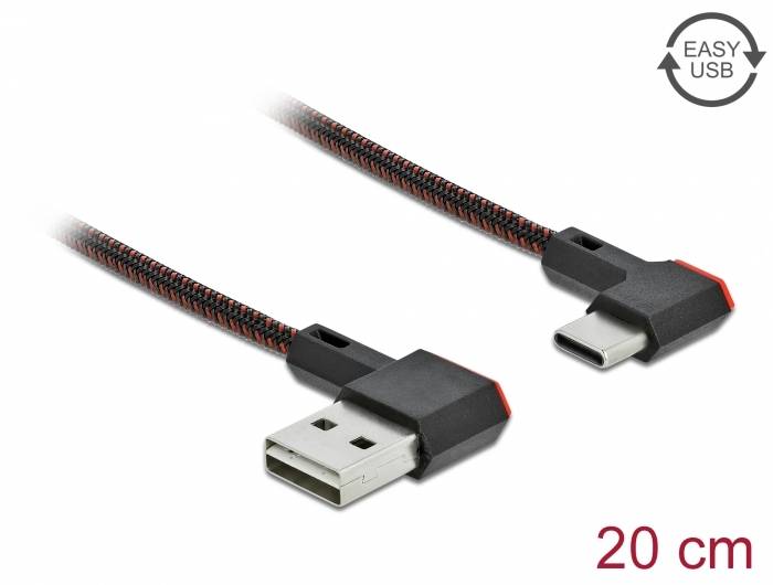 USB-Kabel mit gewebtem Mantel, 20 cm lang, mit rechtwinkligem USB-A- und USB-C-Anschluss. Oberer Rand zeigt 'EASY USB'-Symbol.