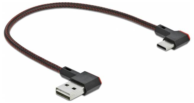 Ein geflochtenes USB-Kabel mit zwei Anschlüssen: USB-Typ-A und USB-Typ-C. Das Kabel ist schwarz-rot und dient zum Laden oder Datentransfer.