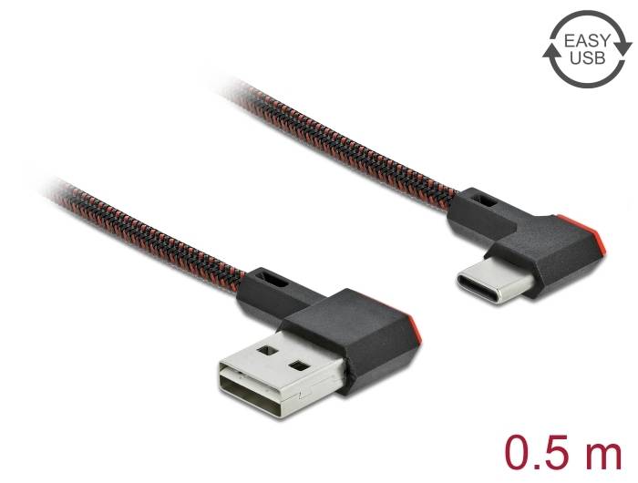 USB-Kabel mit geflochtener Ummantelung, zwei Steckern (USB-A und USB-C), Länge 0,5 m, Text 'EASY USB' betont die Benutzerfreundlichkeit.
