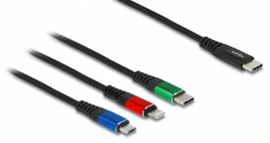 Vier verschiedene USB-Kabel mit bunten Steckern in Blau, Rot, Grün und Schwarz. Alle haben USB-C-Anschlüsse auf einer Seite.