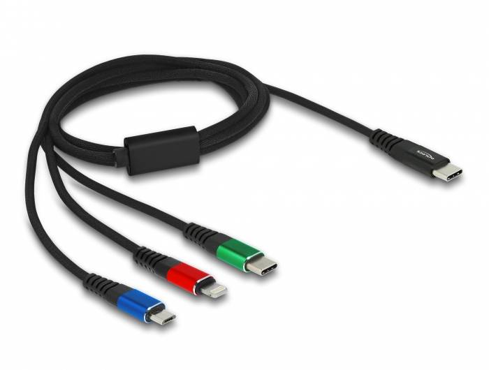 Ein USB-Kabel mit vier Steckern in Blau, Rot, Grün und Schwarz für verschiedene Geräte. Ideal für multifunktionales Laden.