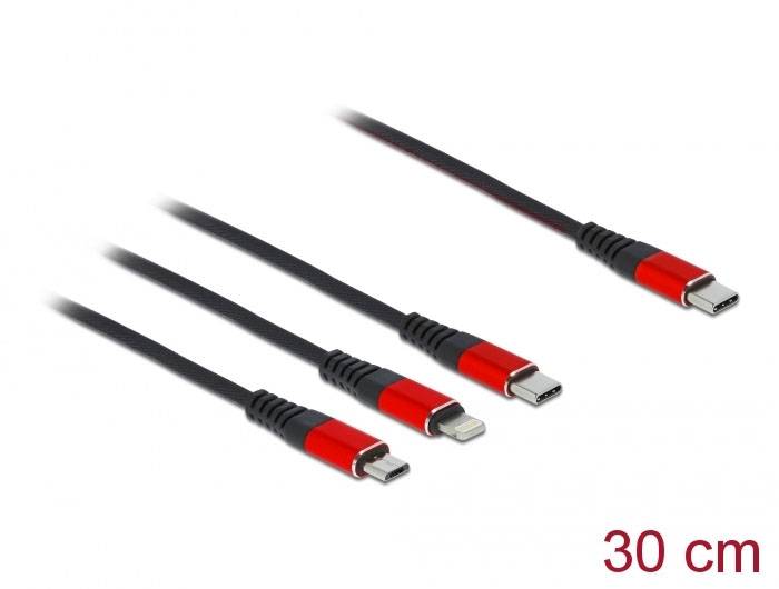 Vier schwarze und rote USB-Kabel mit verschiedenen Steckertypen, Länge 30 cm.