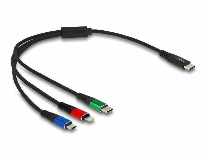 Ladekabel mit vier Anschlüssen: USB-C, Micro-USB, Lightning und USB-A. Ideal zum gleichzeitigen Laden verschiedener Geräte.