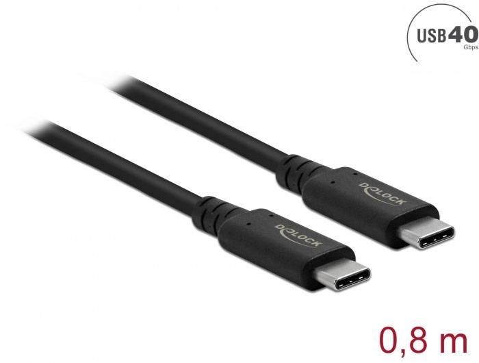 Schwarzes USB 4.0-Kabel, 0,8 Meter, markiert mit 'USB4 40Gbps'. Zwei USB-C-Anschlüsse sichtbar.