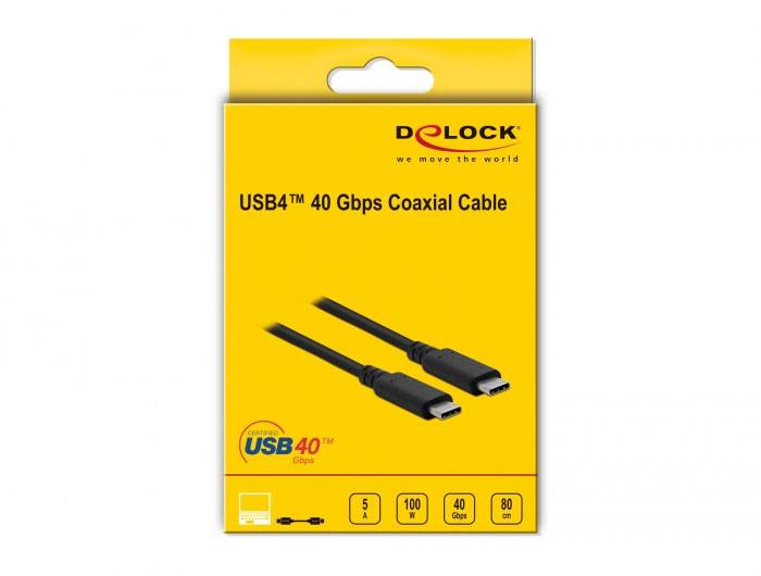 Gelbe Verpackung für 'USB4™ 40 Gbps Coaxial Cable' von DeLock. Abbildung zeigt zwei schwarze USB-C-Kabel, Länge: 80 cm.