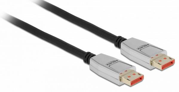 Zwei silberne DisplayPort-Kabel mit schwarzen Steckern und orangefarbenen Anschlüssen, geeignet für Audio- und Videoverbindung.