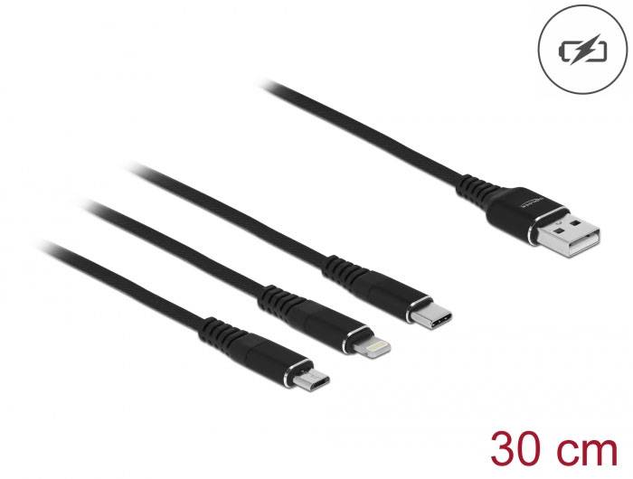 Dreifach-USB-Ladekabel mit Micro-USB-, Lightning- und USB-C-Anschlüssen, schwarz, 30 cm lang.