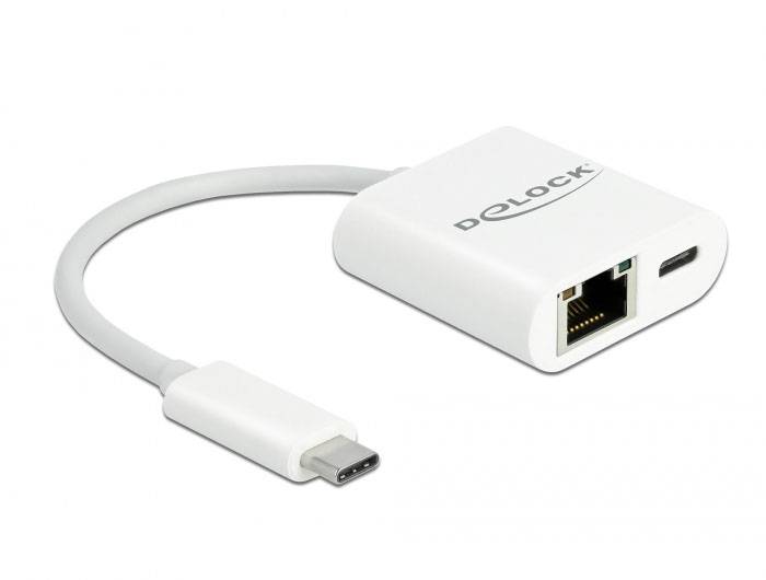 Ein weißer USB-C-zu-Ethernet-Adapter mit dem Markennamen 'DELOCK', Ethernet- und USB-C-Anschlüsse.