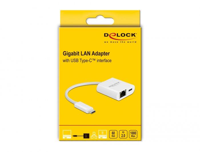 Gelbes Verpackungsdesign eines Gigabit LAN Adapters mit USB Type-C Schnittstelle von DELOCK. Kabel und Anschluss sind abgebildet.