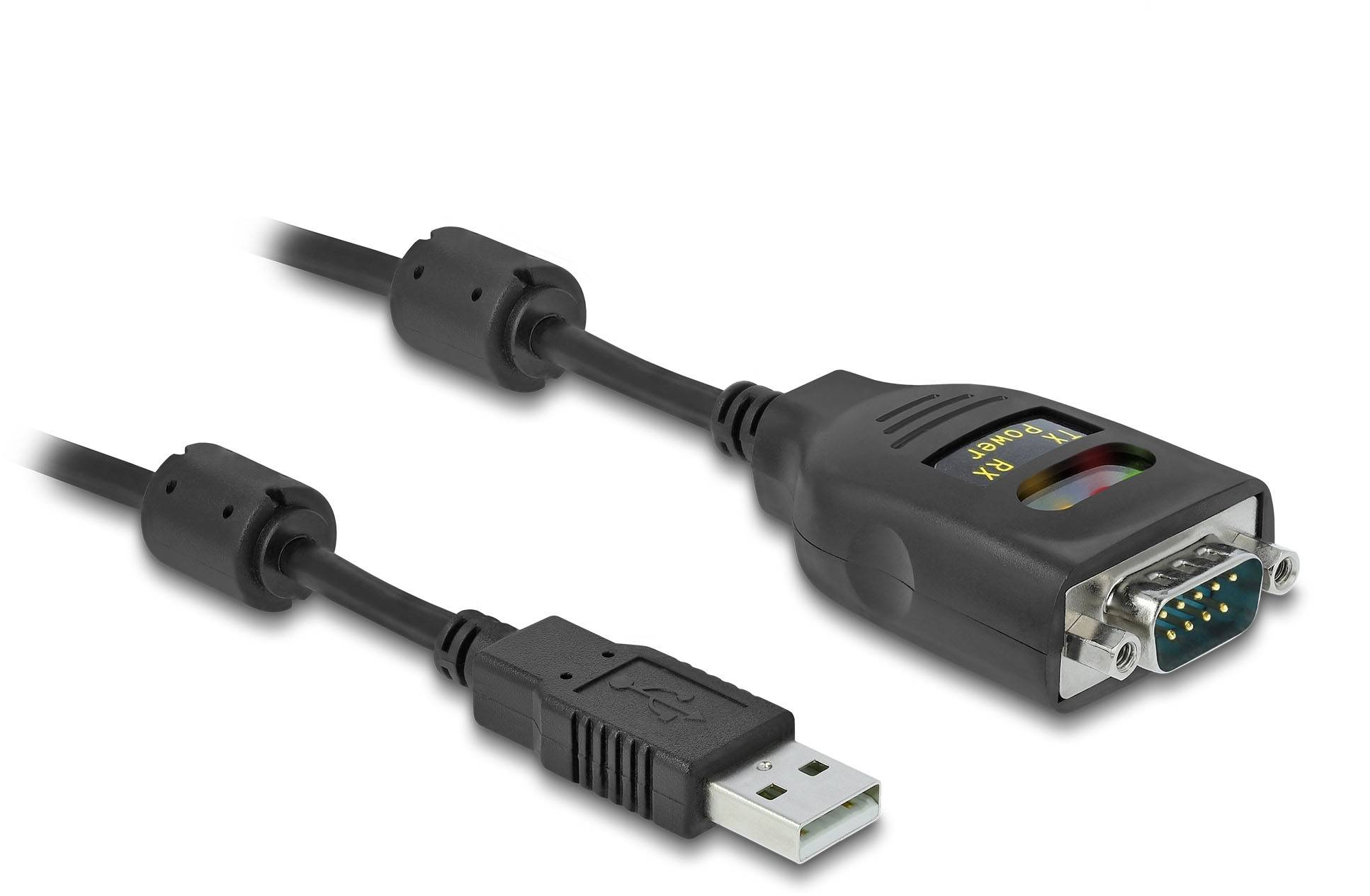 USB-zu-RS232-Konverterkabel mit Stecker, schwarzes Design, geeignet für den Anschluss von Geräten mit unterschiedlichen Schnittstellen.